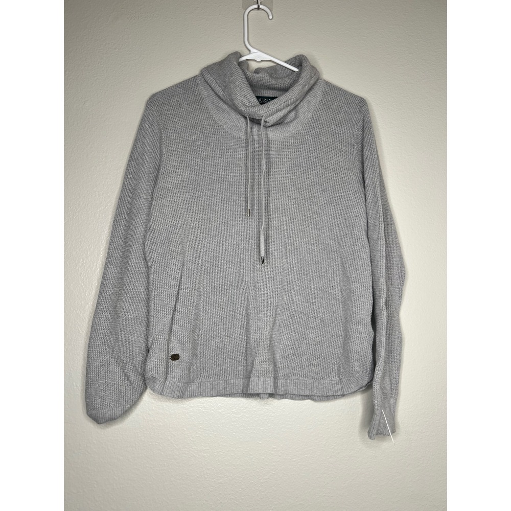 Lauren Ralph Lauren Gray Cowl Neck Cotton Waffle Knit Sweater Large L Drawstring